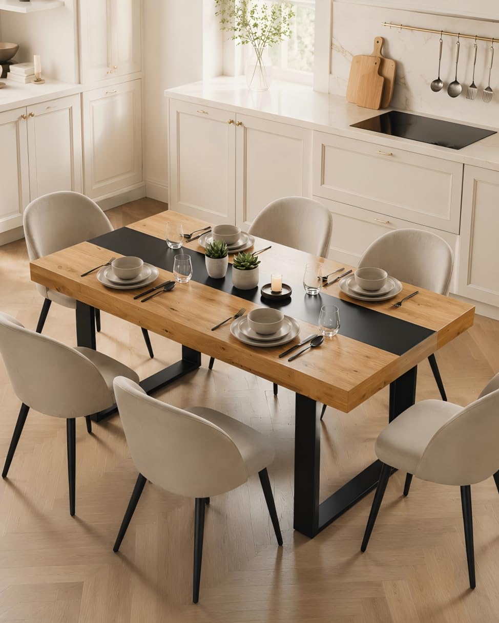Esstisch 160x80cm Moderner Esszimmermöbel in Eiche-Optik mit Schwarzem Feinleinen-Dekor Stabiler Küchentisch Rechteckig für 6-8 Personen Esszimmertisch Holztisch Tisch für Esszimmer Küche Büro
