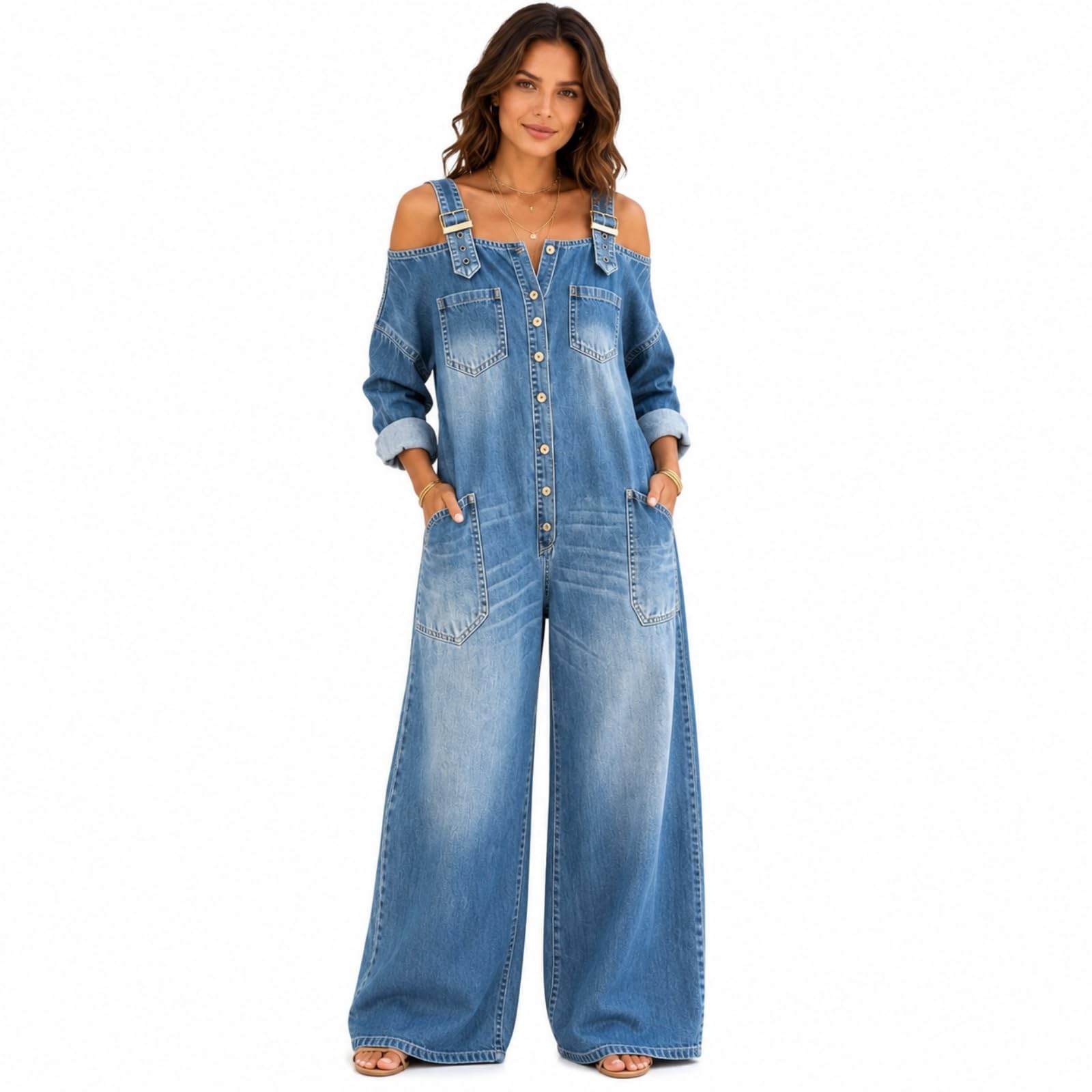 Generisch Retro Jeansoverall Damen Sommer, Weit Geschnittener Denim Overall mit Taschen, Verstellbaren Trägern und weitem Bein