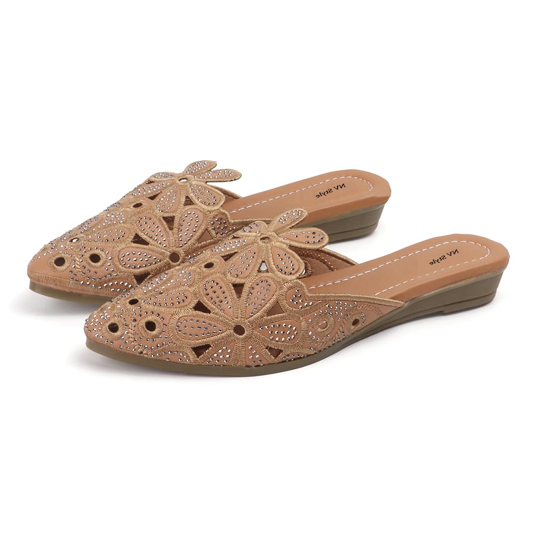 Women & Girls Synthetic Floral Cutwork Mule Bellies | Slip On Juttie Style Flats | Closed Toe Embellished Ethnic Footwear | Stylish Low Heel Sandals for Office Party Festive Daily Wear-image-17