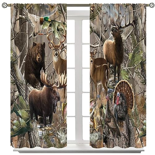 Benyasong Forest Camouflage Blackout Window Curtain, Camo Rustic Deer Elk Bird Bear Home Drapes Thermal Insulated Room Darkening Curtains For Living Room Bedroom Window Drapes 2 Panels 42X45 Inch thumb #7