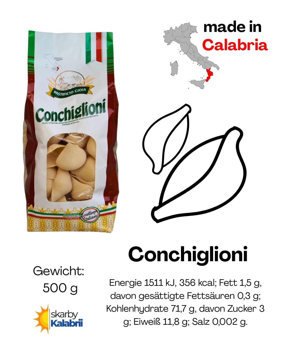 Pastificio Gioia – Conchiglioni – Nudeln Handgemachte Pasta Hartweizengrieß 500g – Italienische Spezialitäten Lebensmittel Feinkost Delicatessen – Kalabrische Spezialität