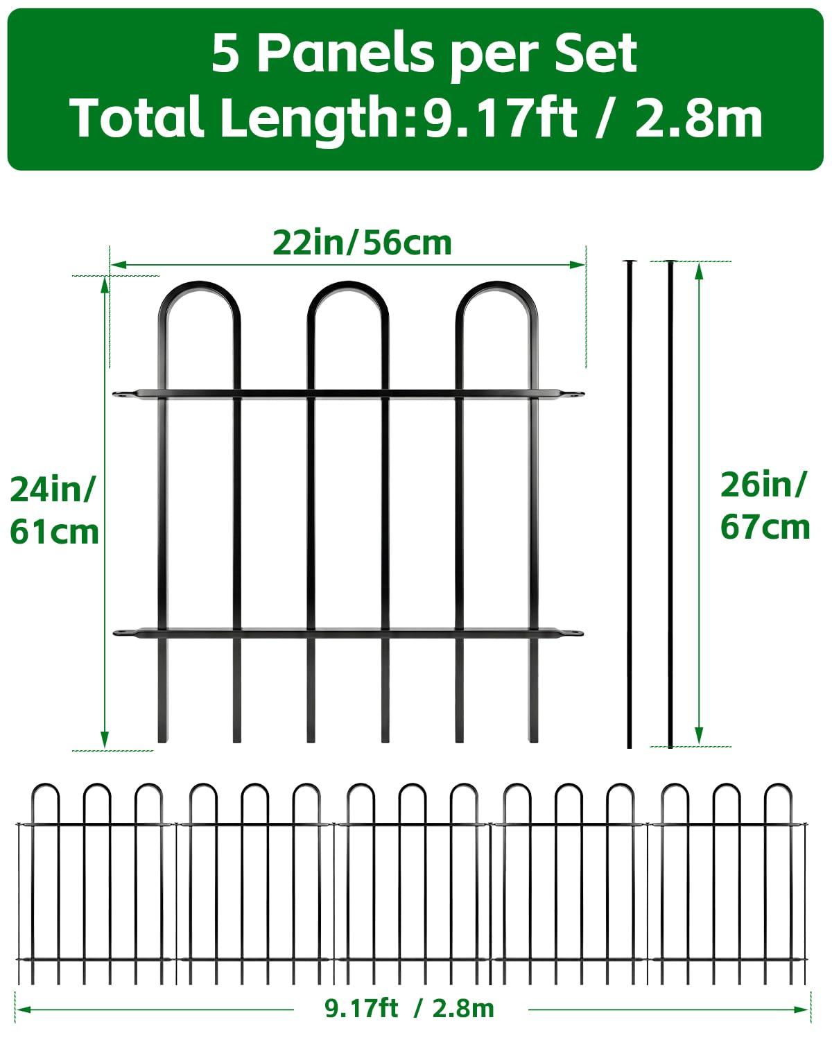 ARIFARO Gartenzaun Metall 5er Set, 61 cm hoch, 2,8 m Gesamtlänge, dekorativer Steckzaun für Blumenbeet, Rasen und Wege, Beeteinfassung und kleiner Beetzaun für Garten, Vorgarten und Terrasse, Schwarz