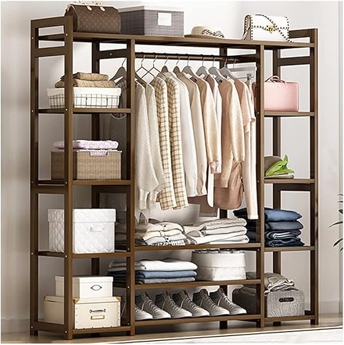 NEPHEW Perchero independiente de bambú para ropa con barra colgante doble estante superior y organizador de ropa de zapatos color marrón tamaño 512