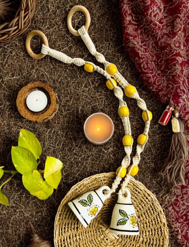 Shopping Shots Temple Chimes | Set of 2 | Ceramic Macrame Bells (Height 3 inches) with 2 Hand-Painted Ceramic Hook Included for Hanging The Chime. Dimensions - Total Length - 18 inches in Length-image-46