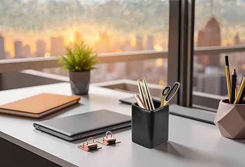 Miniatura 8 de FANFANJIA Portalápices de escritorio cuadrado de cerámica con marco de metal, adecuado para oficinas y hogares (blanco hueso)