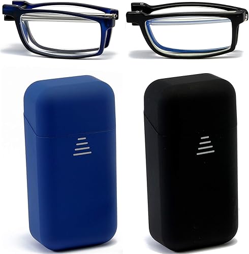Anteojos de lectura plegables compactos, portátiles, para hombres y mujeres, 2 pares en estuche (negro y azul, 3.25)