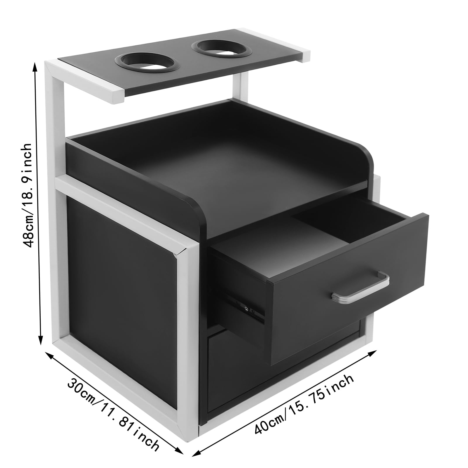 Suspended Salon Wall Cabinet, Wandschrank Friseursalon, Aufbewahrungsschrank mit 2 Schubladen, Offener Ablage und Föhnhalter, Für Salon, Bad, Spa, 40x30x48 cm (Weiß+Schwarz)