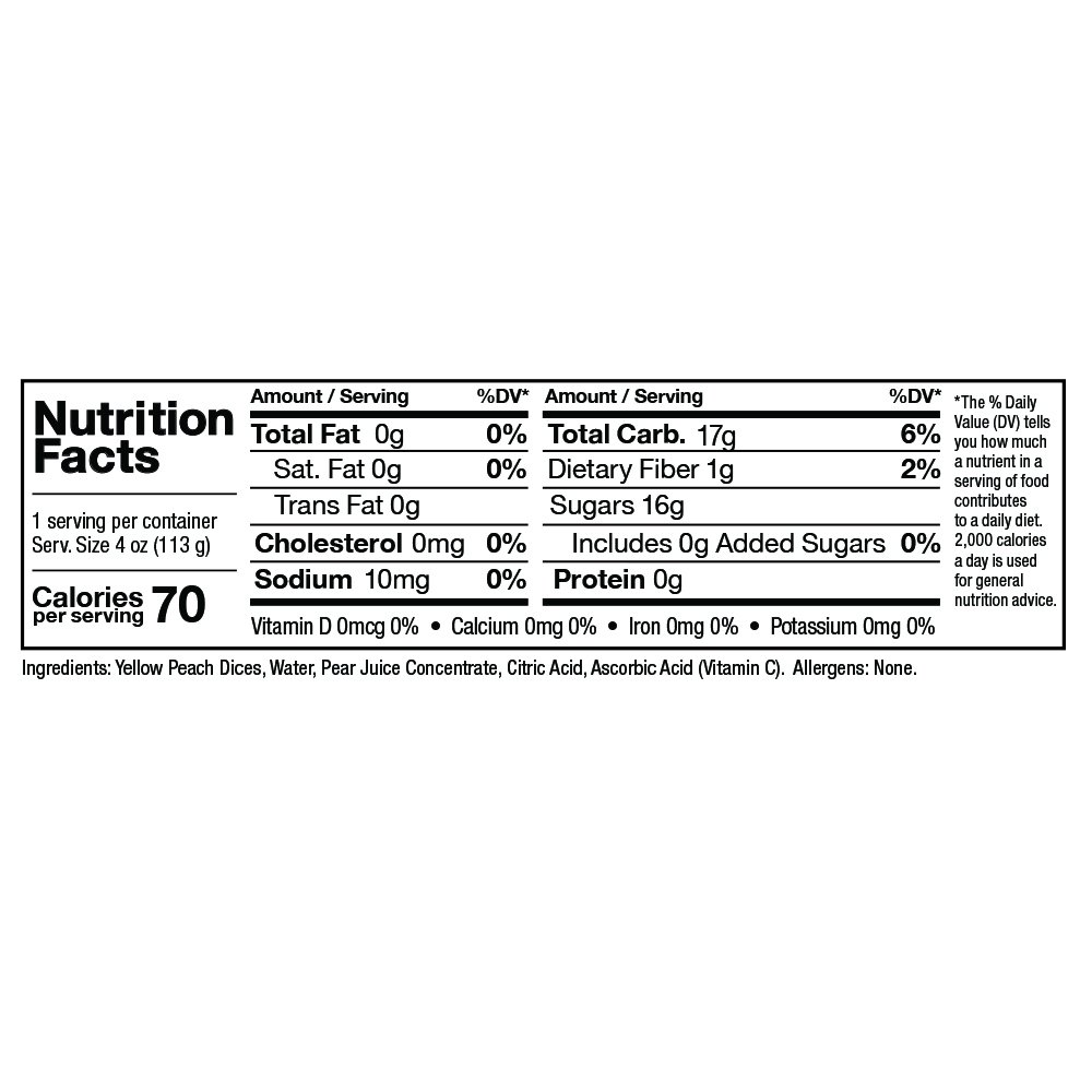 Zee Zees Diced Peach Fruit Cup, in 100% Juice, No Sugar Added, Gluten Free, 4 oz Cups, 24 pack
