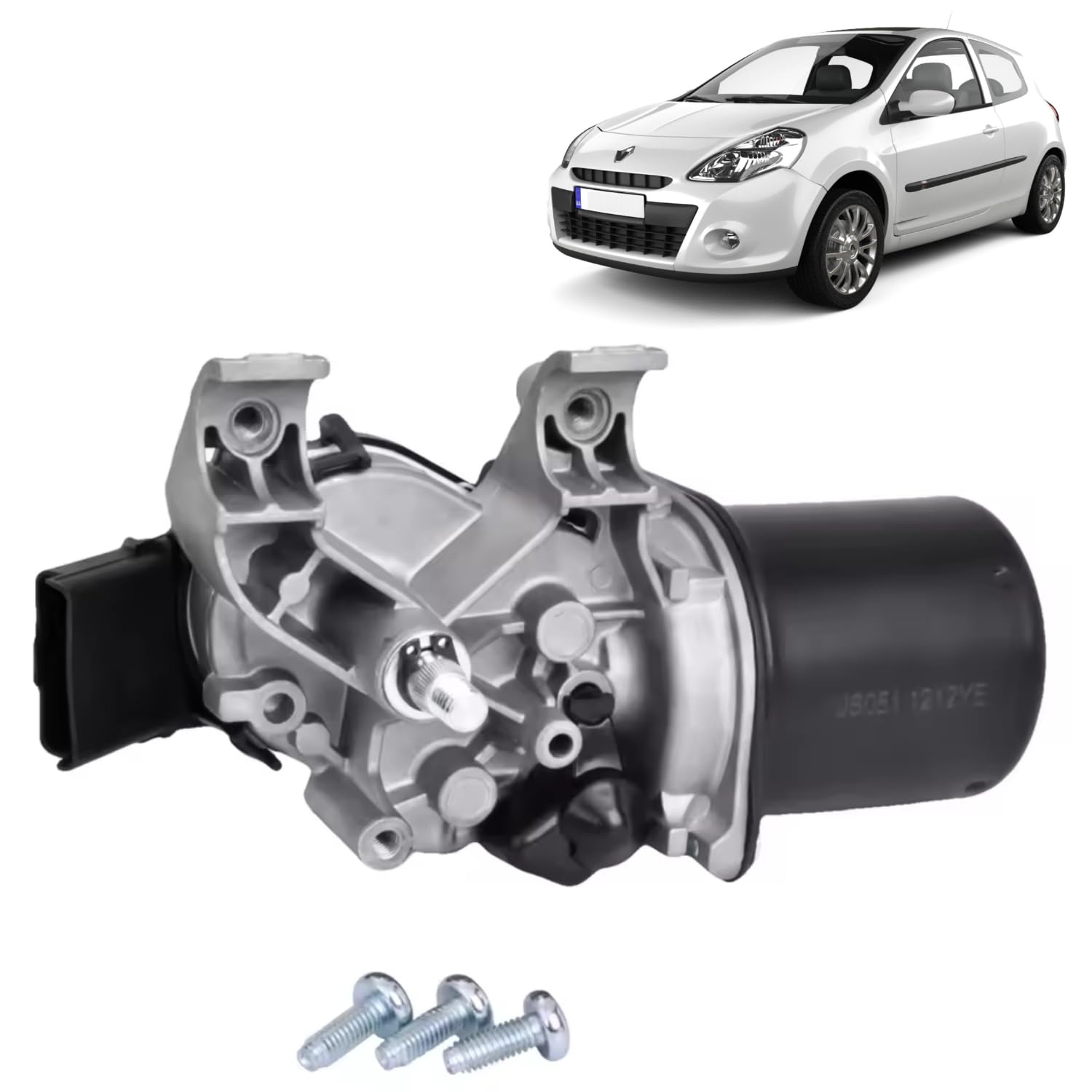 Moteur essuie-glace avant compatible pour Renault Clio III modèles 3/5 portes, Grandtour et Van – Voltage 12V - Connexion à 4 broches – Remplace 8200268931, 7701061590