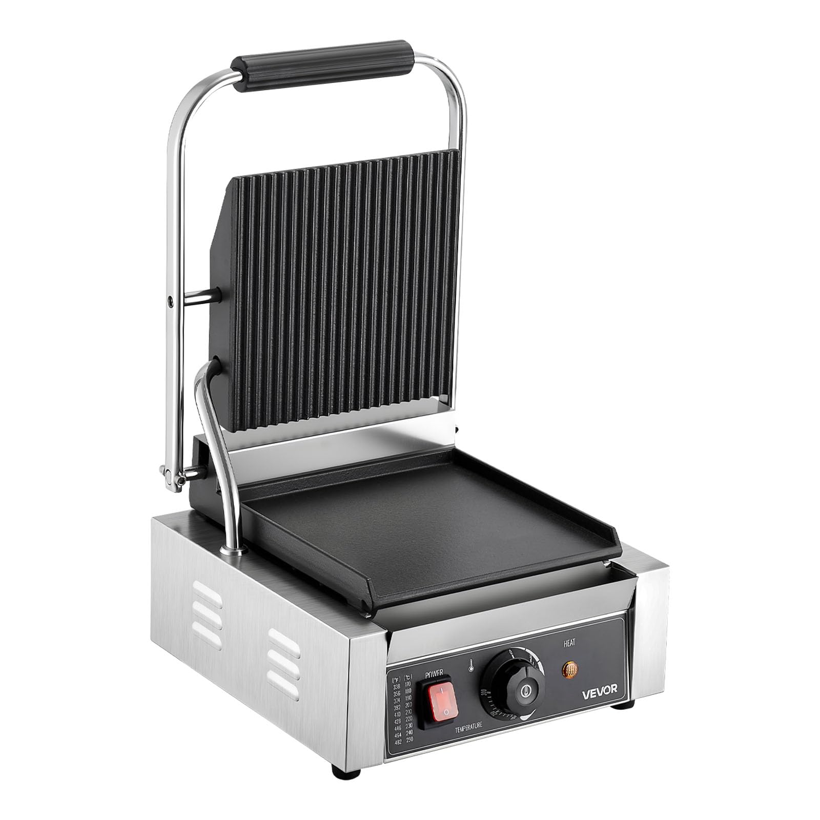 VEVOR Griglia Elettrica per Panini 1800W, Piastra per Panini Sandwich con Piastra Smaltata Piatta 22x23cm, Acciaio Inox, Maniglia, Controllo della Temperatura, per Hamburger, Bistecche