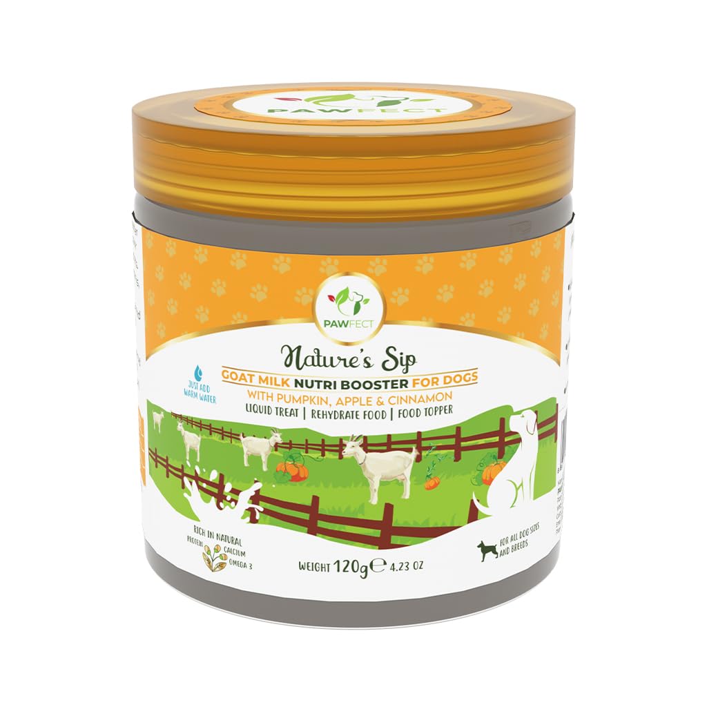 Pawfect Nature's Sip Goat Milk Powder with Pumpkin, Apple, Cinnamon & Pumpkin Seeds for Dogs- Easily Digestible- Pre & Probiotics- Healthy Topper- Hydration Support- 24 Scoops(120g/4.23oz)