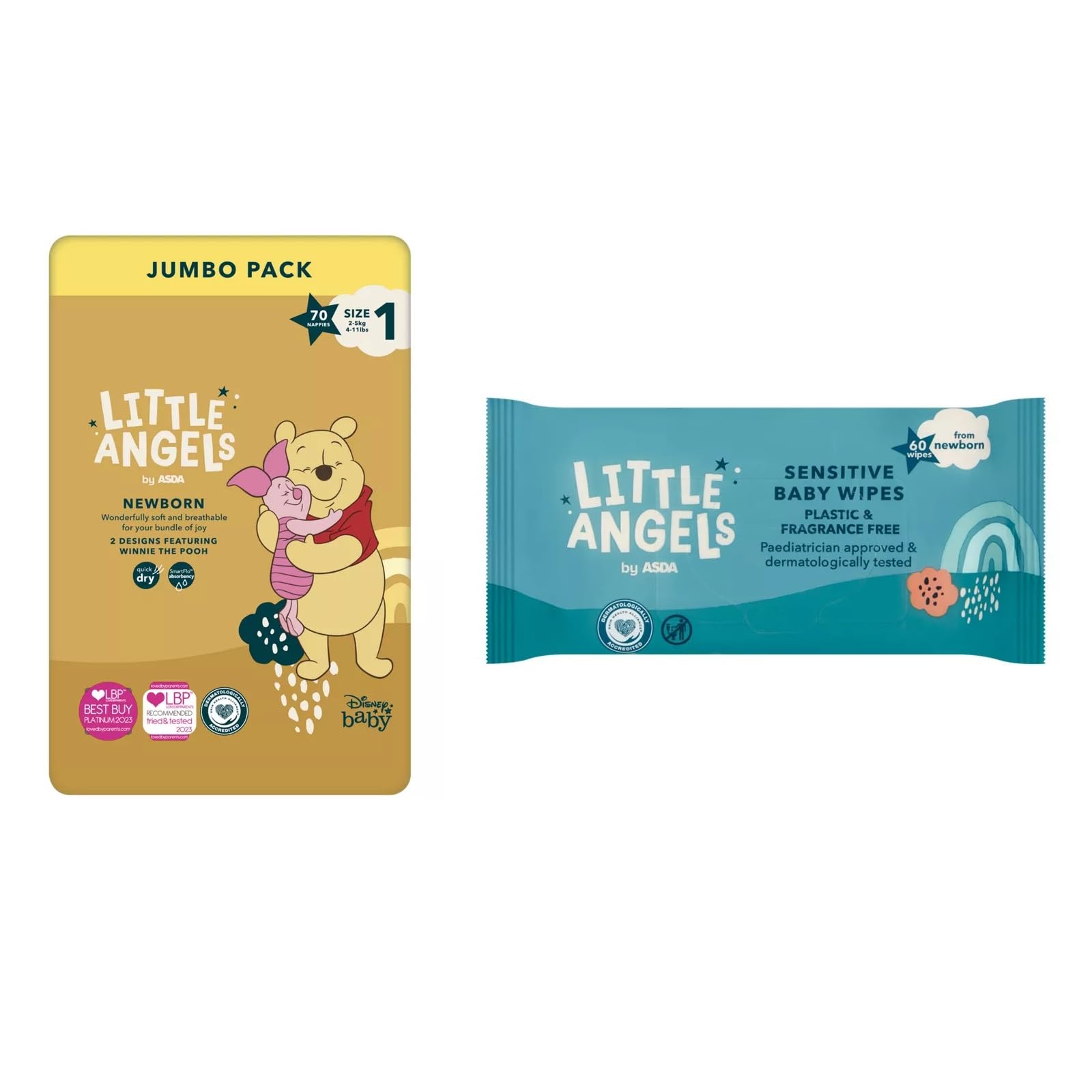 Little Angels Size 1 Nappies Newborn Disney Jumbo 70 Pack + 60 Fragrance Free Baby Wipes