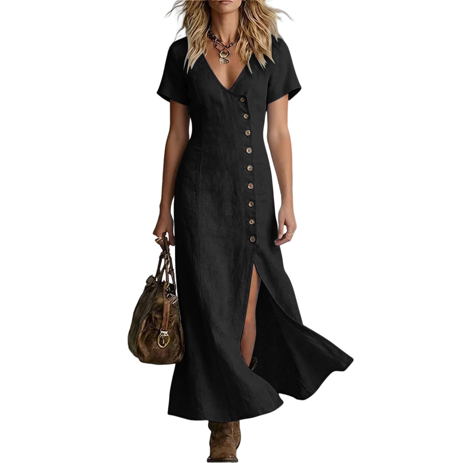 Vestidos Verano Mujer Cuello V Vestido Mujer Verano Casual Mangas Cortas Sueltos Vestido Largo con Botones Cintura Alta Ligero Cómodo y Transpirable Vestidos para Playa Vacaciones y Uso Diario