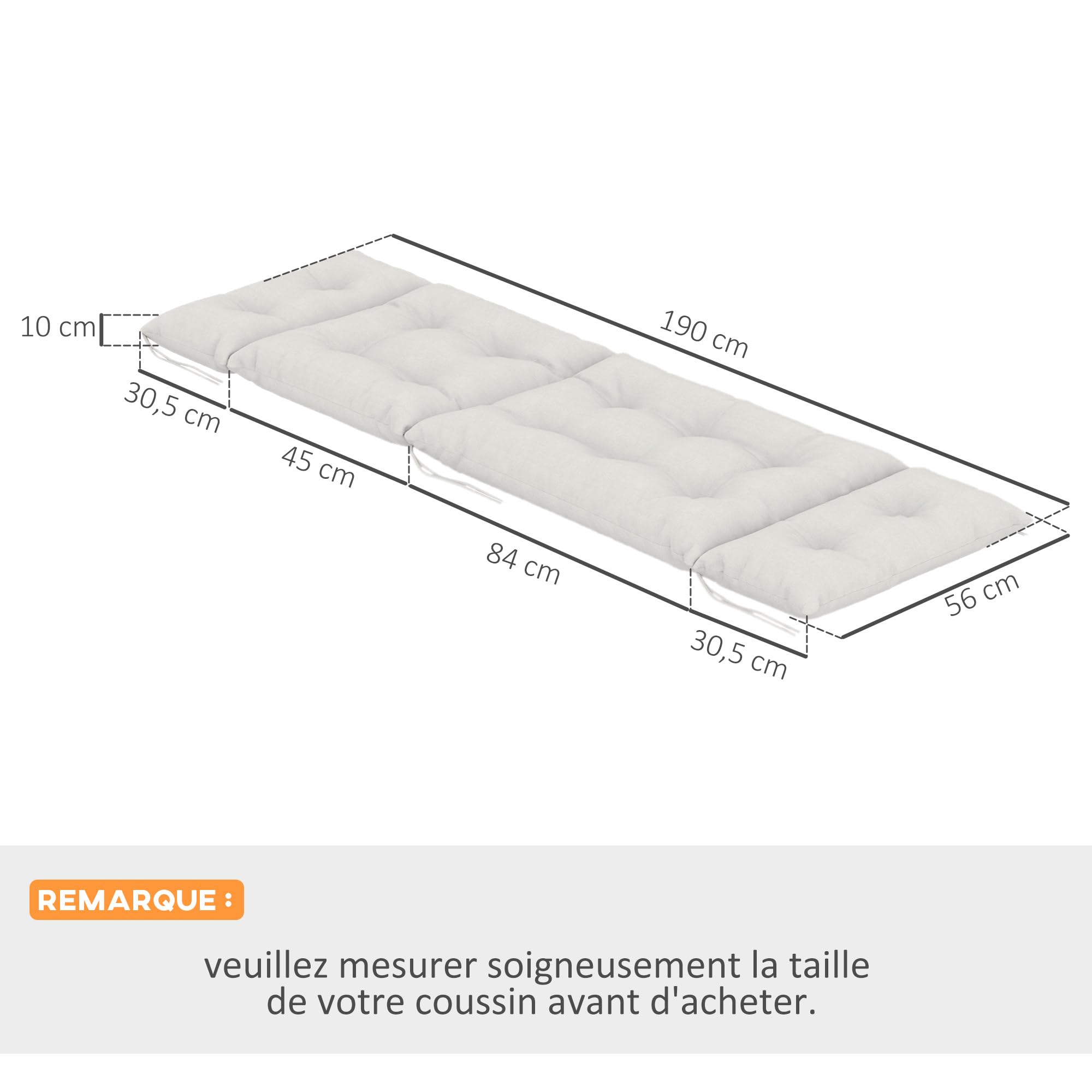 Outsunny Lot de 2 Coussins de Chaise Longue Coussin Bain de Soleil - épais, Confortable et rembourré - Matelas transat avec 6 Attaches, 190 x 56 x 10 cm, Gris Clair
