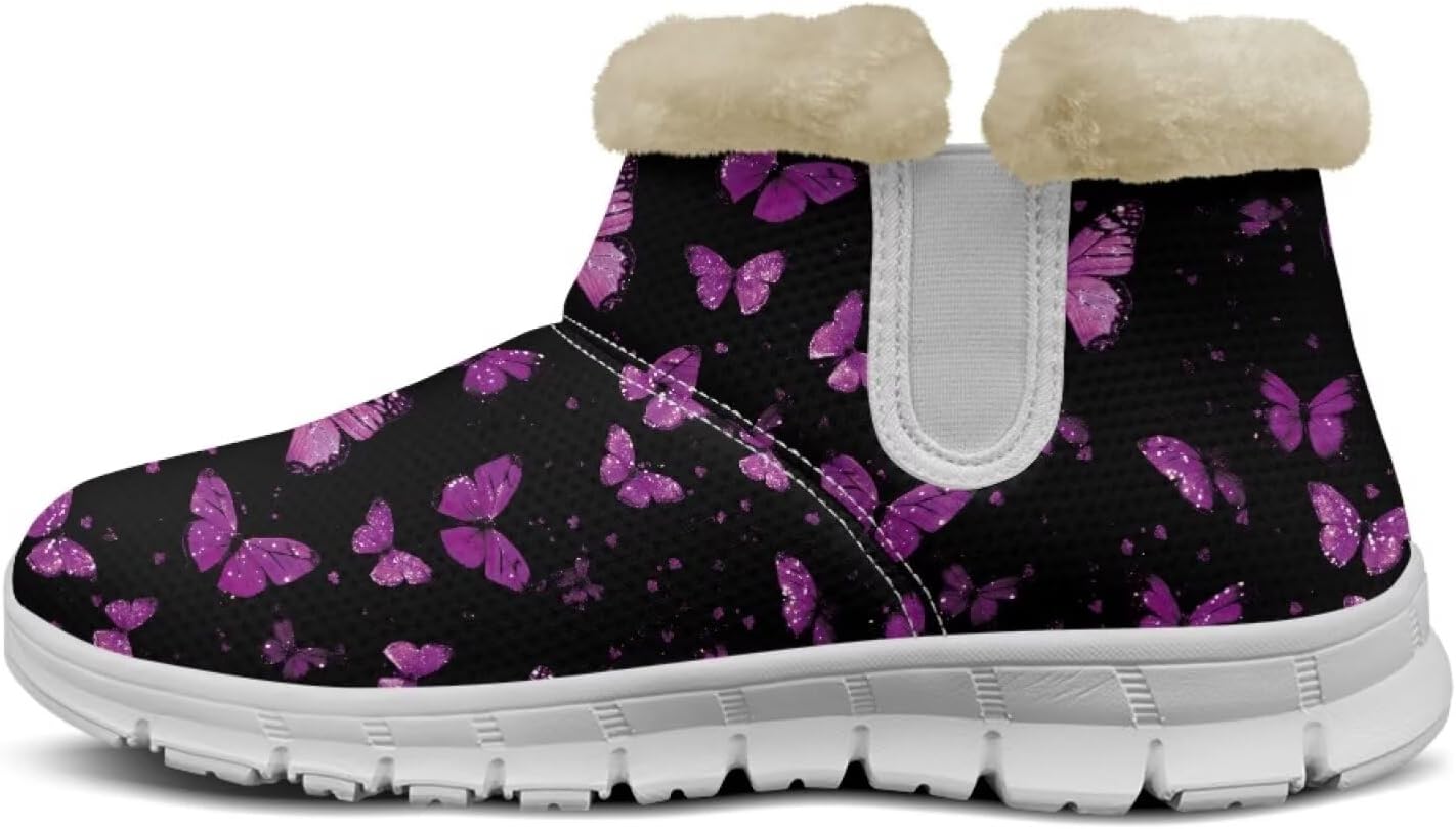 chaqlin Butterfly Snow Boots Winter Flat Heels Boots for Women Ankle Warm Slip Resistant Comfy Lightweight Soft Fuzzy Plush Boots Casual Outdoor