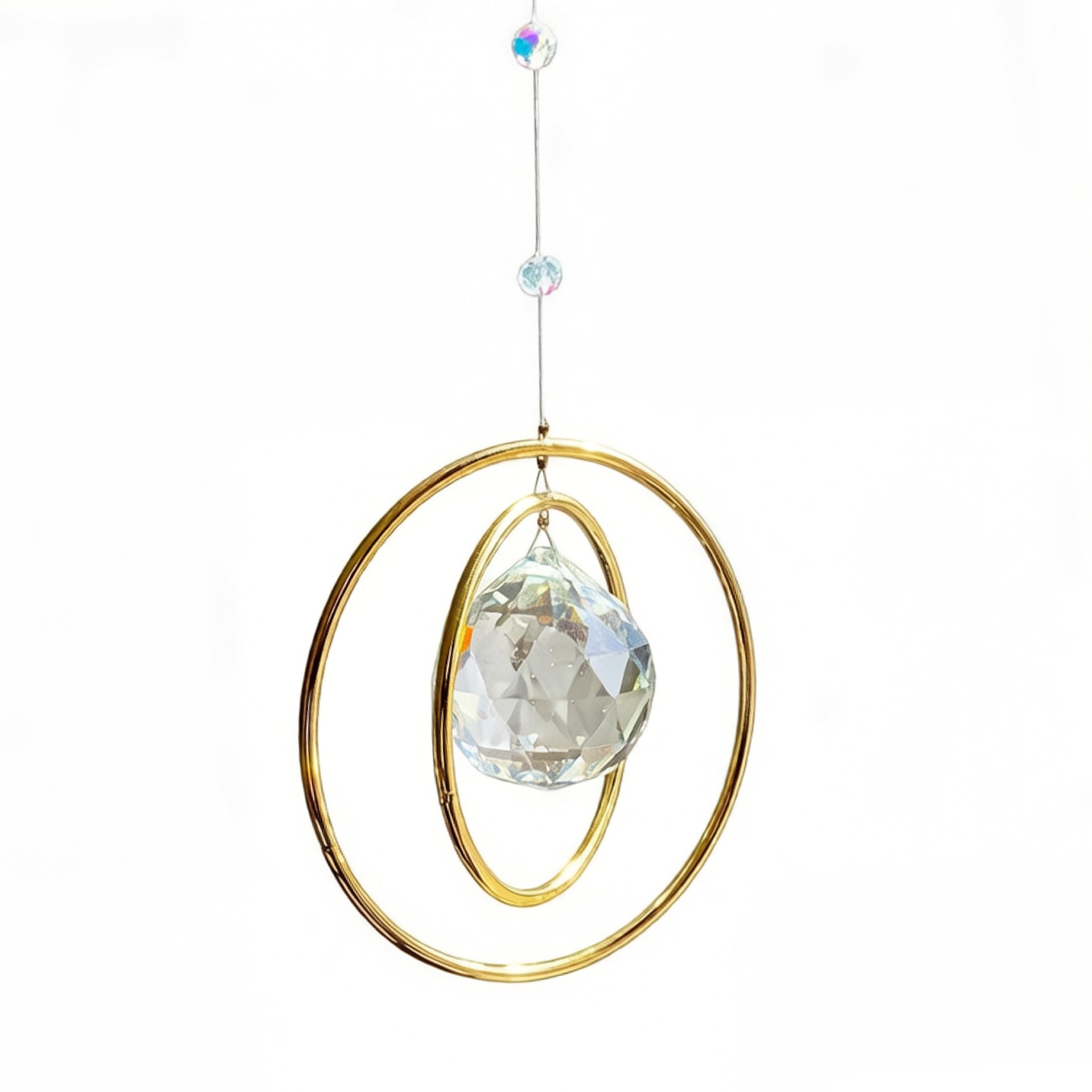 Hanging Sun Catchers: Double Golden Ring Crystal Ball Suncatchers for Hanging, Gold/Transparent, 19.69inch