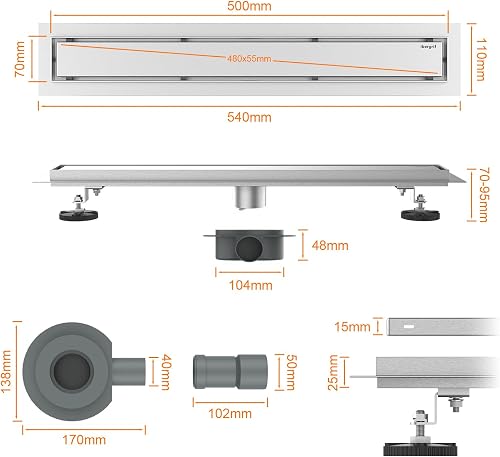 Ibergrif Stainless Steel Linear Shower Drain M42001-50, 500mm, Grey, Modern Design, Efficient Water Drainage, Easy to Install, Wide Compatibility - 2