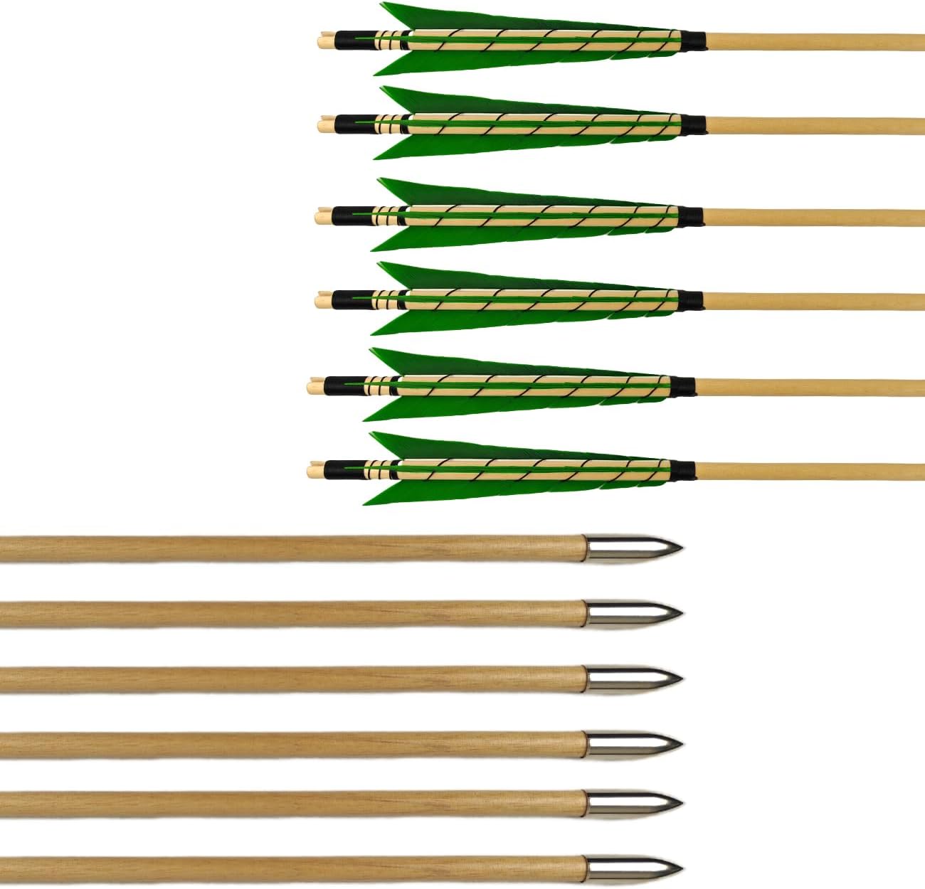 32" Archery Wooden Target Practice Arrows with 5.9" Medieval Turkey Feather Fletching for Recurve &English & Traditional Longbow Hunting (Pack of 12)