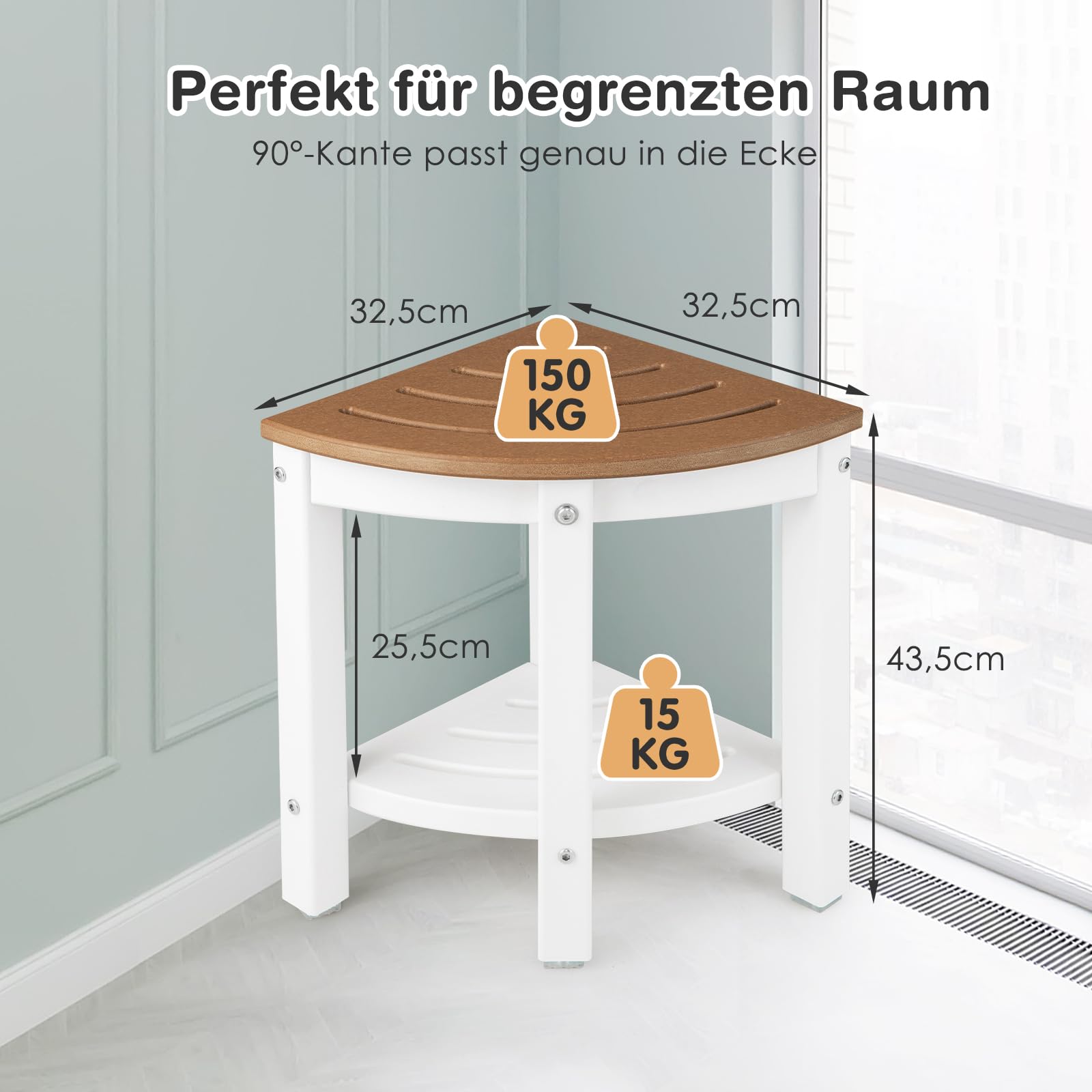 RELAX4LIFE Eck-Duschbank, HDPE-Duschhocker mit Ablage, Badezimmer-Fußstütze für Kleine Räume, Wasserdichter Duschhocker bis 150kg Belastbar, 2-stufiger Organizer für Innendusche, Braun+Weiß