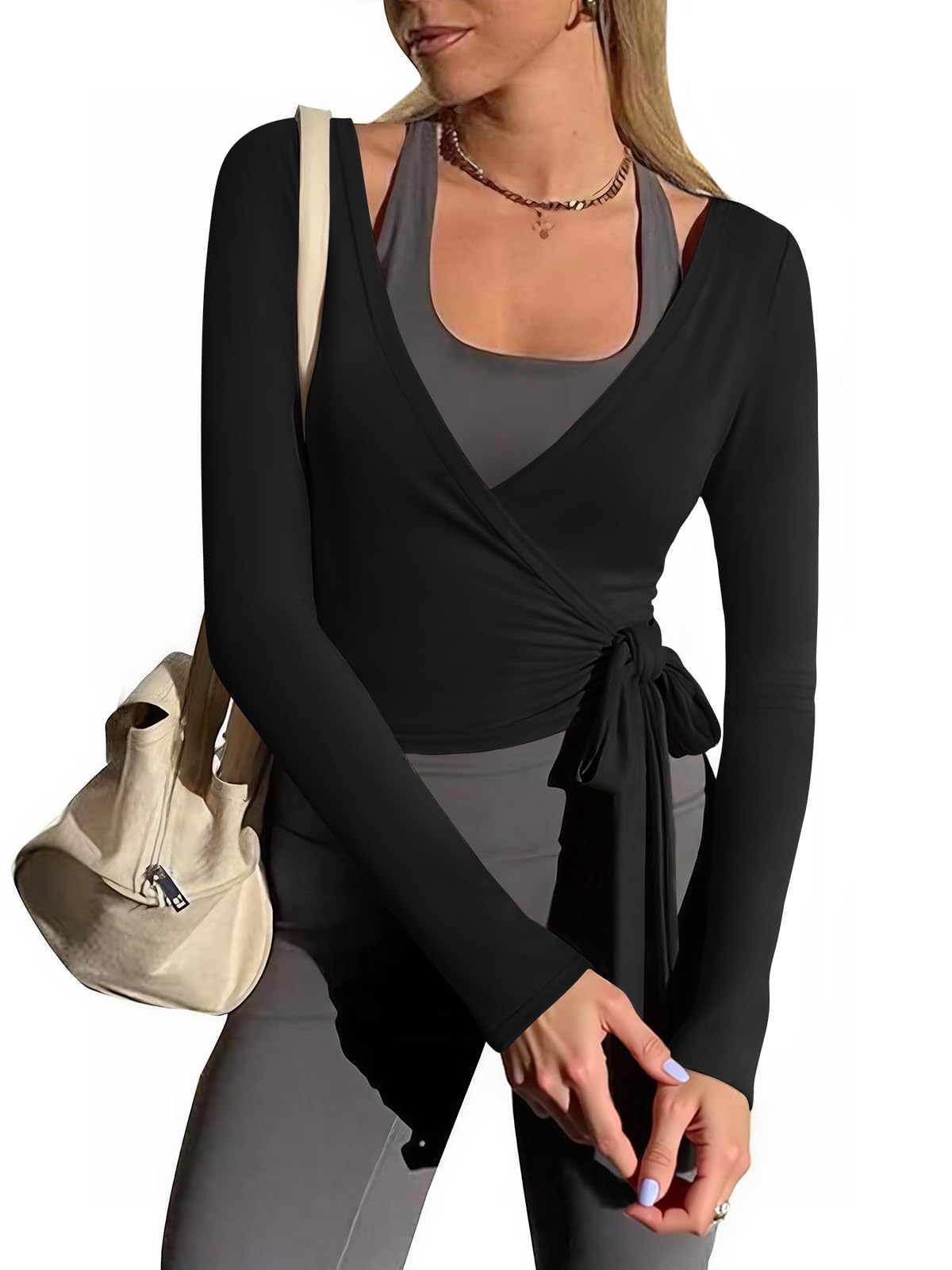 Yousify Womens Wrap Tie Tops Y2k Long Sleeve Ballet Pilates Yoga Workout Wrap Shirts Deep V Neck Casual