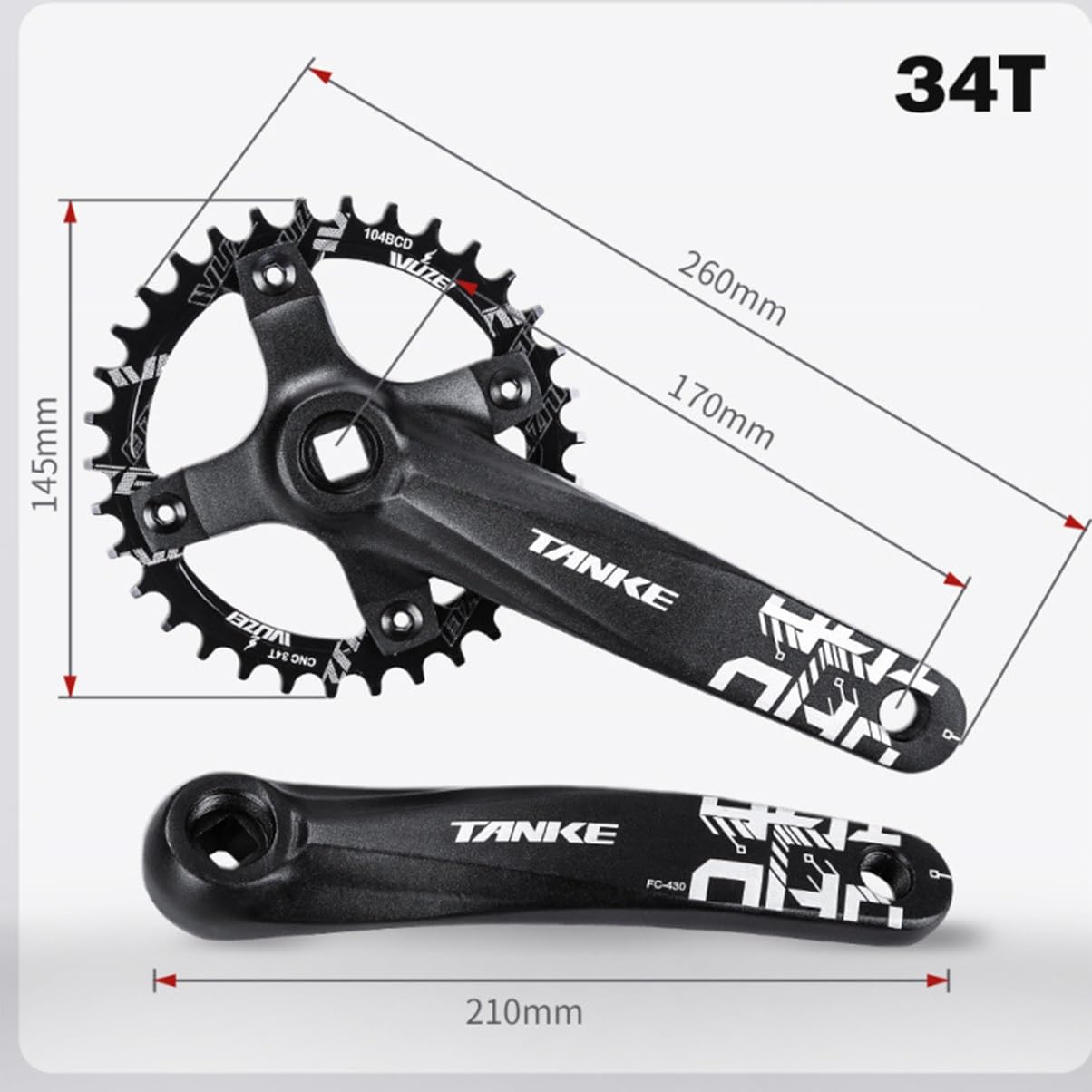 Platos y bielas Juego de bielas cónicas cuadradas de 170 mm 104 BCD Plato de Dientes Anchos y Estrechos para Bicicleta de montaña 30T 32T 34T 36T 40T 42T 44T 46T 48T Plato Redondo de una Sola veloci