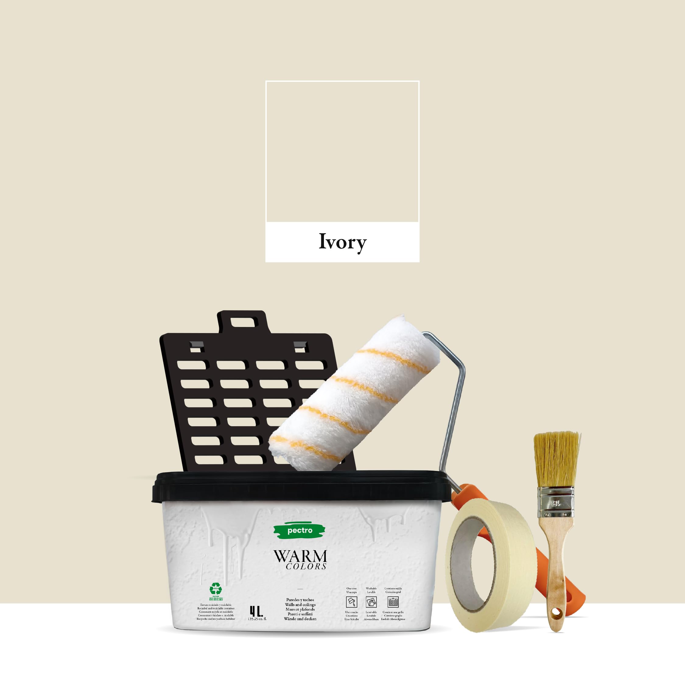 PECTRO Pittura Mano Unica 4L (6,3kg) Set con rullo, pennello, griglia e nastro in carta - Pittura per Interni Lavabile per Pareti e Soffitti – Monomano per Camere e Soggiorni
