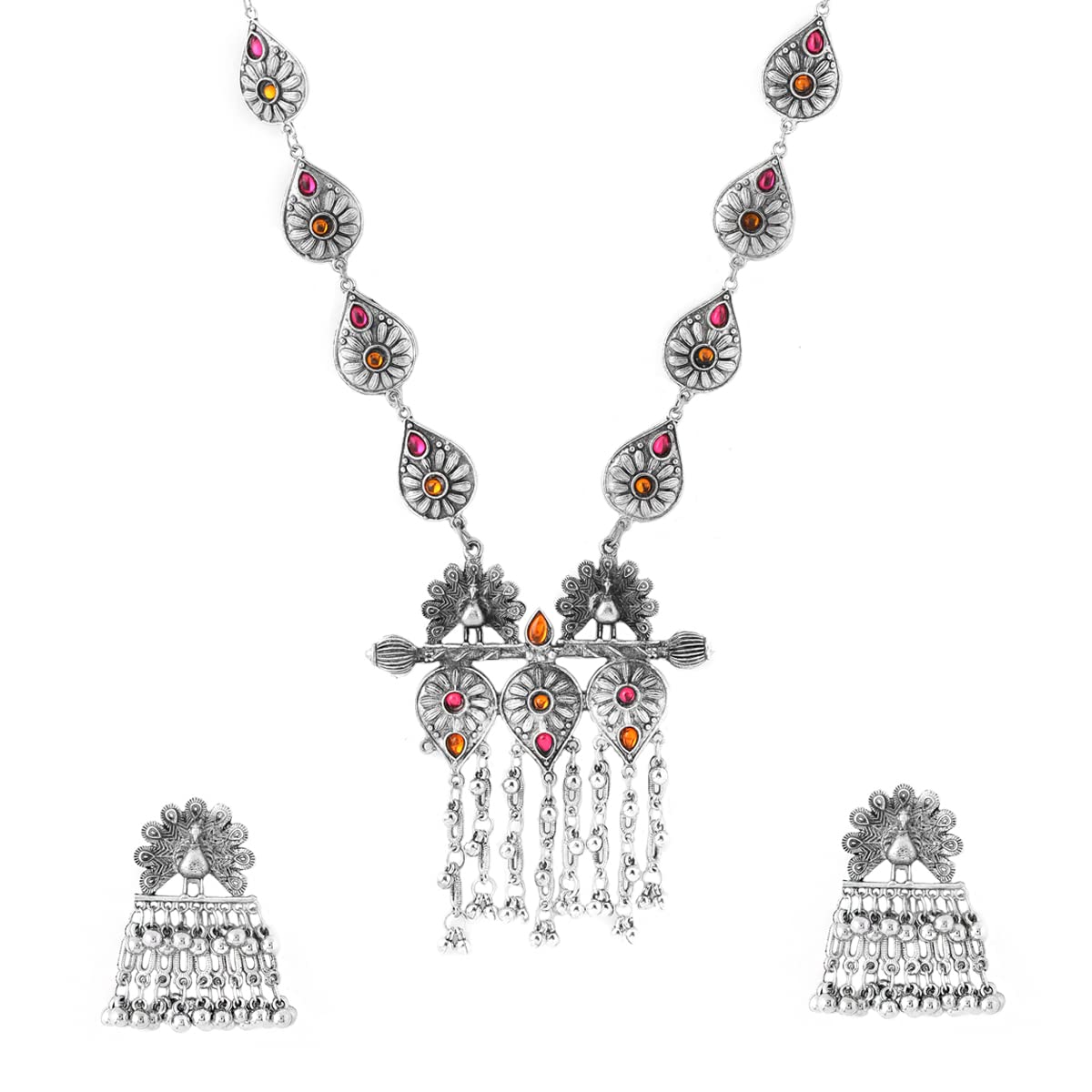 Yellow Chimes Jewellery Set For Women Silver Oxidised Leaf Shaped Multicolor Stone Studded Long Adjustable Necklace With Peacock Designed Earrings For Women and Girls (B0BDVP6NPN) Amazon Price History, Amazon Price Tracker