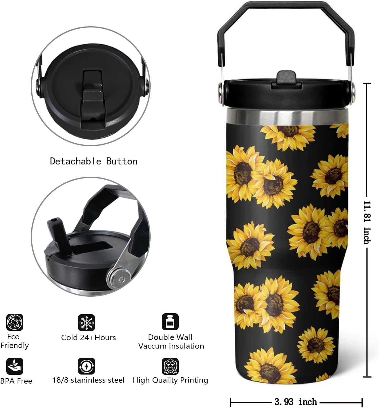 Sunflower 30 oz Stainless Steel Insulated Tumbler with Handle Lid and Straw, Leakproof Tumbler with Straw, Sunflower Decor - Image 2