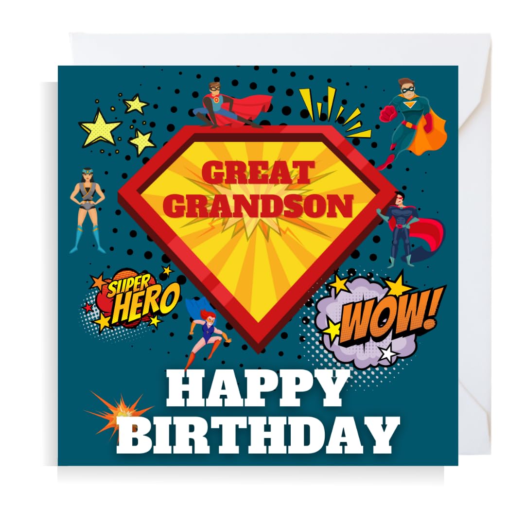 Second Ave Superhero Great Grandson Square Children's Kids Birthday Greeting Card for Boy