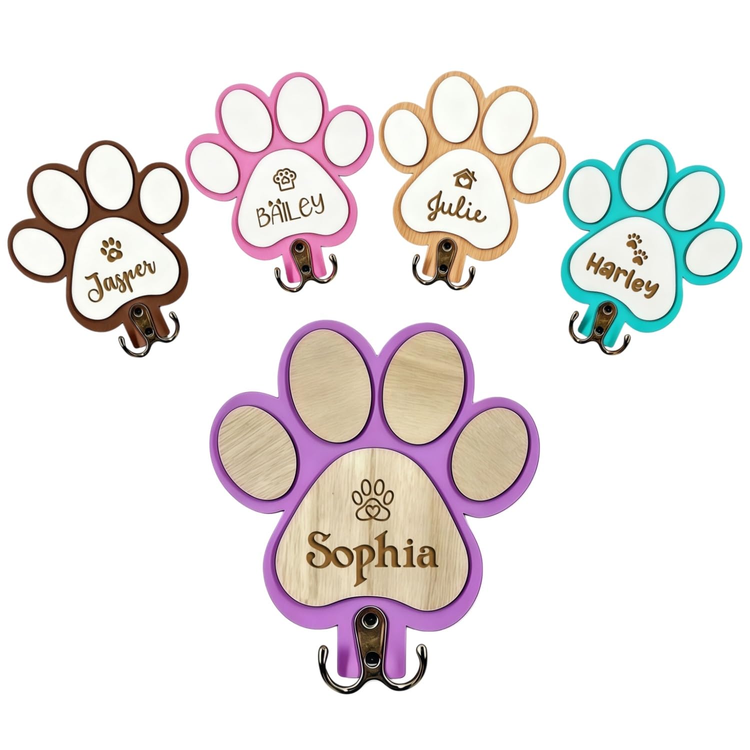 BFBZYME Personalized Dog Leash Holder Wall Mount, Custom Engraved Wood Paw Hanger, Entryway Key Rack Collar Harness Organizer Hook Gift for Pet Lovers(Purple)