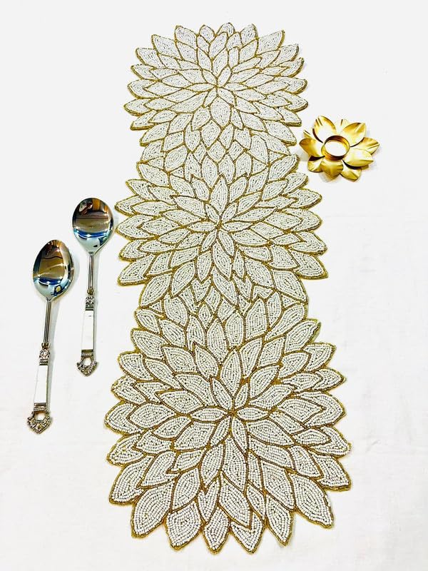 Image of Beautiful Pearl Cream Gold Beaded Table Runner Craftsmanship, Pack of 1 (13 x 36 Inches) - Multi-Flower Colorful Festival Table Runner for Thanksgiving & Occasional Decoration