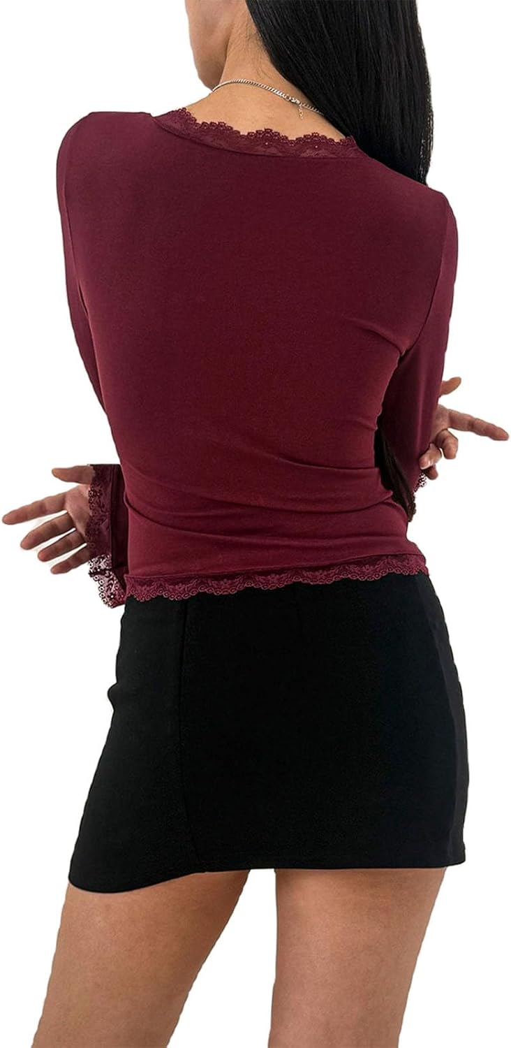 Women Bell Long Sleeve Top Square Neck Lace Trim Slim Fit Crop Blouse Y2k Solid Tunic Tee Shirt - Image 3