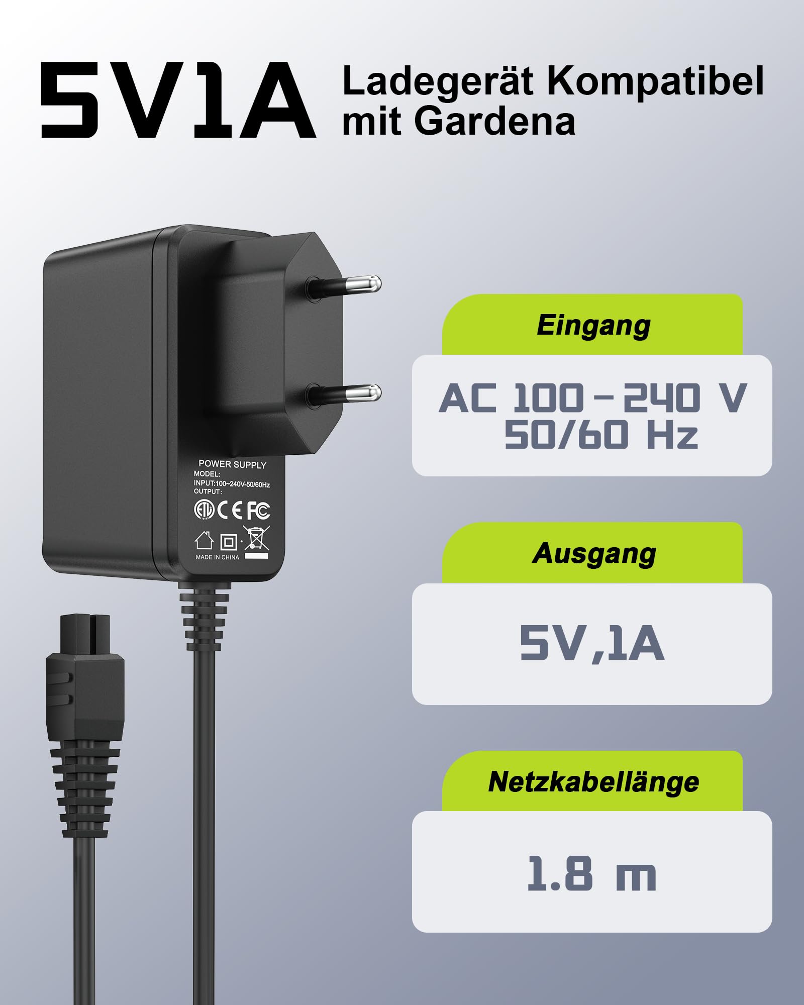 Cavo di ricarica compatibile con Gardena 9853 9854 9855 per tosaerba Gardena ClassicCut Li, alimentatore di rete da 5,5 V con cavo da 1,8 m