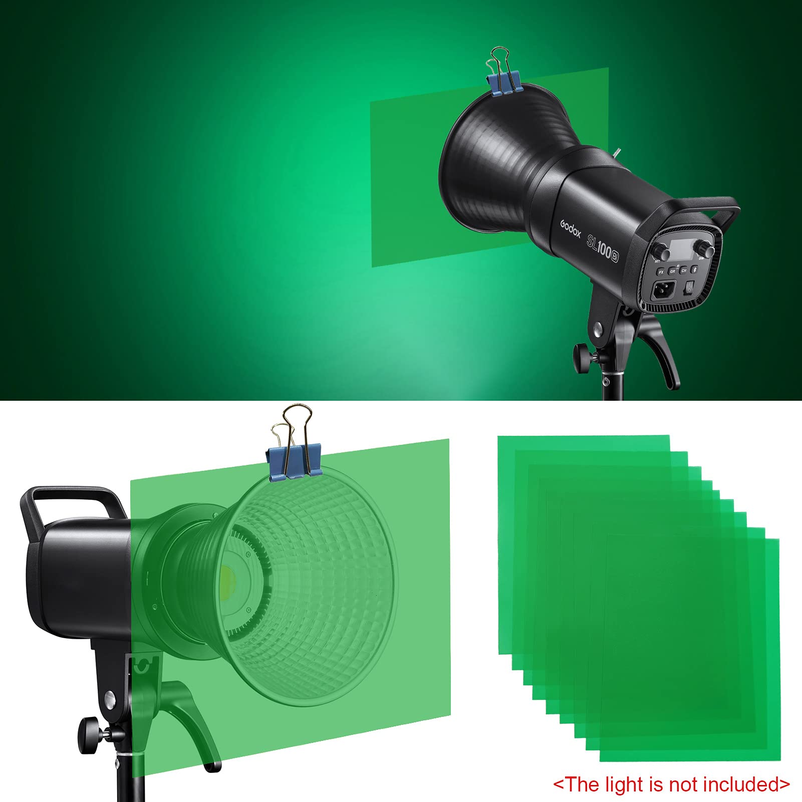 Andoer 9 pellicole colorate in gel da 30 x 20 cm, trasparente, per fotografia fotografica, stroboscopica, luce LED per fari (verde)