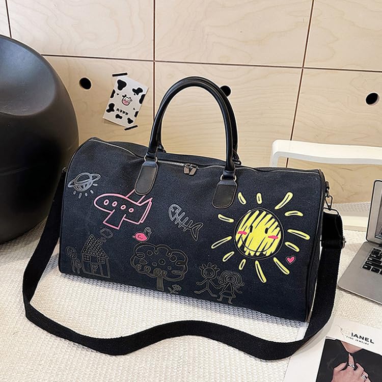 FUNSEED Cute Graffiti Outdoor Travel Bag for Women Men, Storage Bag Large Capacity Leisure Canvas Handbag Luggage Bag Gym Bag (Black)4