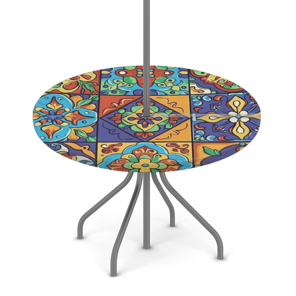 Myfsucce Round Table Cloth with Umbrella Hole Zipper,Ethnic Mexican Tile Elastic Fitted Outdoor Tablecloth Wipeable Fit for Garden Patio Table, 90-110 cm