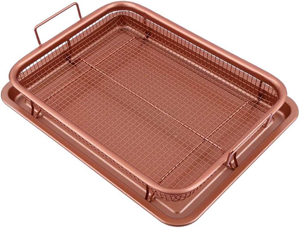 Copper Crisper Tray, RAINBEAN Cookie Sheet with Non Stick Air Fry Mesh Basket Baking, 2 Pieces Oven Safe Air Fryer Set