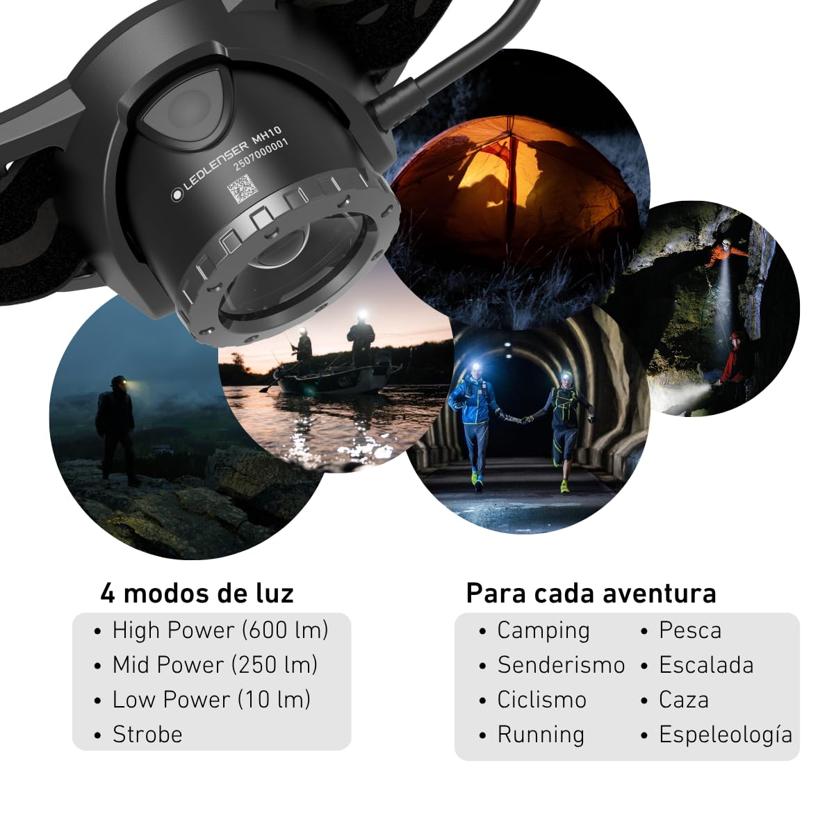 Ledlenser MH10 SE Rechargeable LED Head Torch, 600lm, 150m Beam Distance | Enfoque ajustable, 120h de autonomía, luz roja trasera, IP54, 158g, filtros de color y funda para cinturón, pesca, senderismo