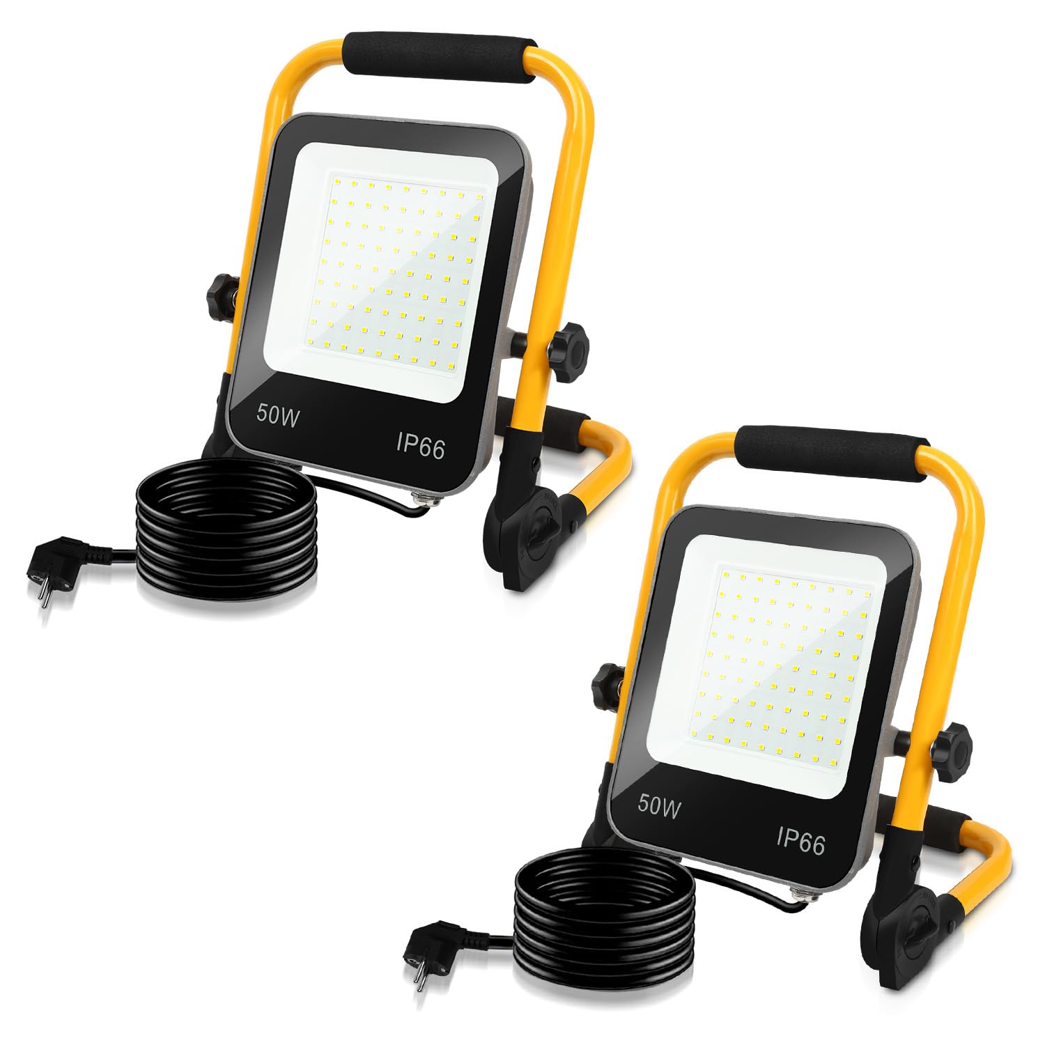 Faretto LED da costruzione, 2 pezzi, 50 W, 4000 lm, lampada da lavoro a LED, con spina IP66, impermeabile, con cavo 3 m, portatile, per officina o cantiere, garage 6000 K