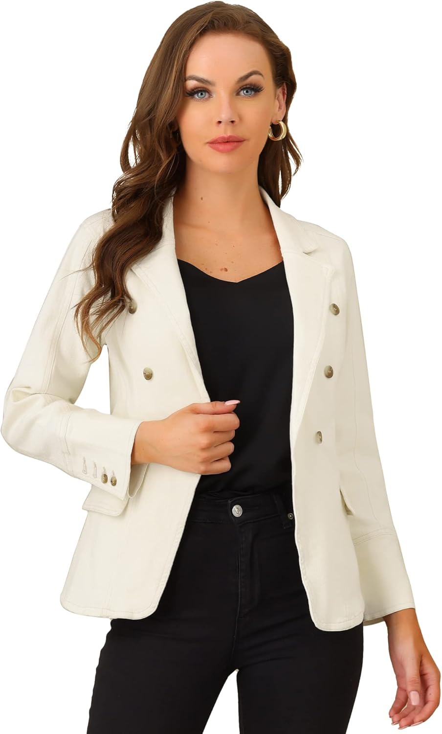 Allegra K Women's Jean Jacket Button Down Notched Lapel Long Sleeve Work Office Denim Blazer Jacket