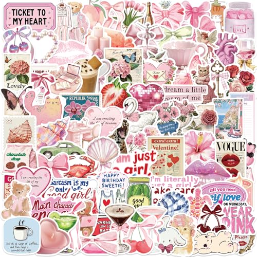 200 Sticker Coquette Vintage Rosa Ästhetische Retro Coquette Aufkleber für Wasserflasche Laptop Scrapbook 200 Unique Designs Wasserdichte Vinyl Sticker Set für Mädchen Geschenk