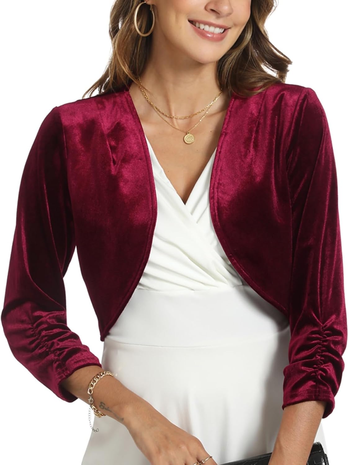 MINTLIMIT Velvet Shrug for Women's Ruched 3/4 Sleeve Open Front Cardigan Elegant Cocktail Party Cropped Bolero Jacket