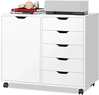 DEVAISE 5-Drawer Wood Office Storage Cabinet with Wheels, Adjustable Shelf & Printer Stand for Home Office, White