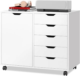 DEVAISE 5-Drawer Wood Office Storage Cabinet with Wheels, Adjustable Shelf & Printer Stand for Home Office, White