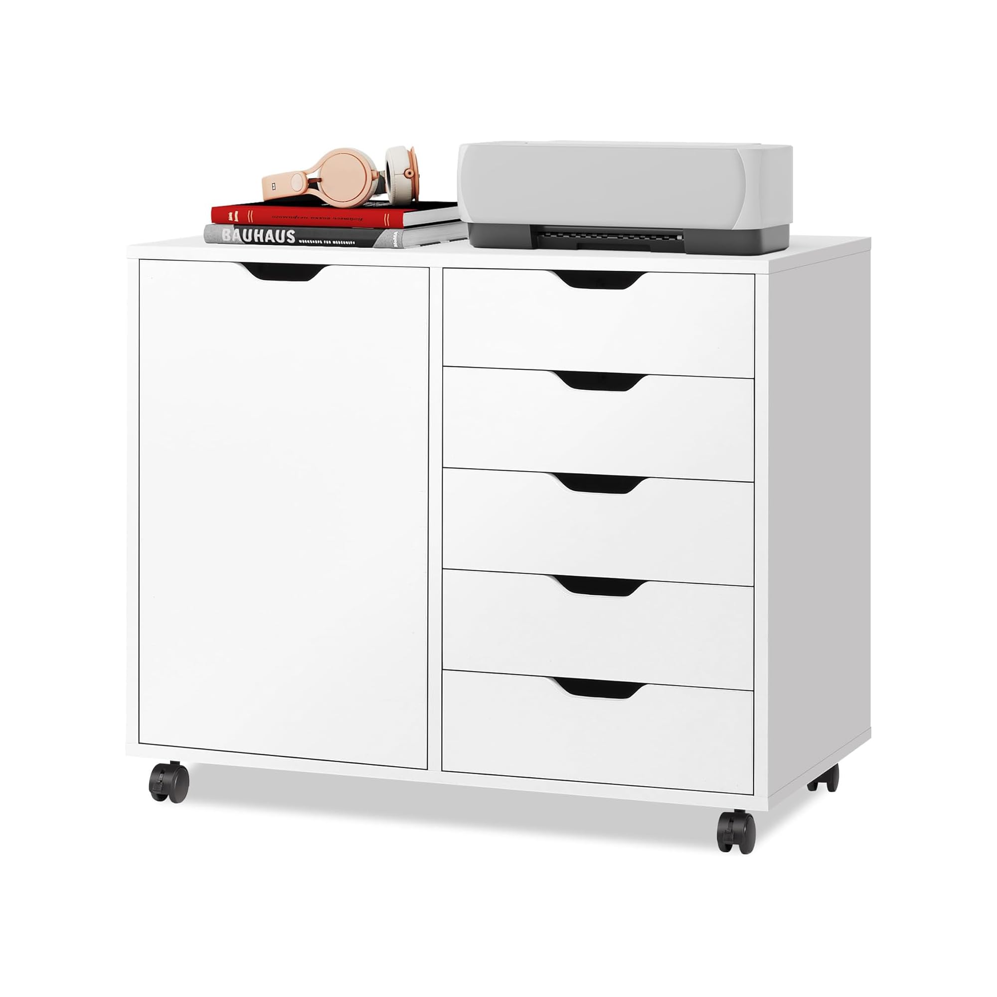 DEVAISE 5-Drawer Wood Drawer Cabinet, Office Storage Cabinet with Adjustable Shelf & Wheels, Printer Stand for Home Office, White