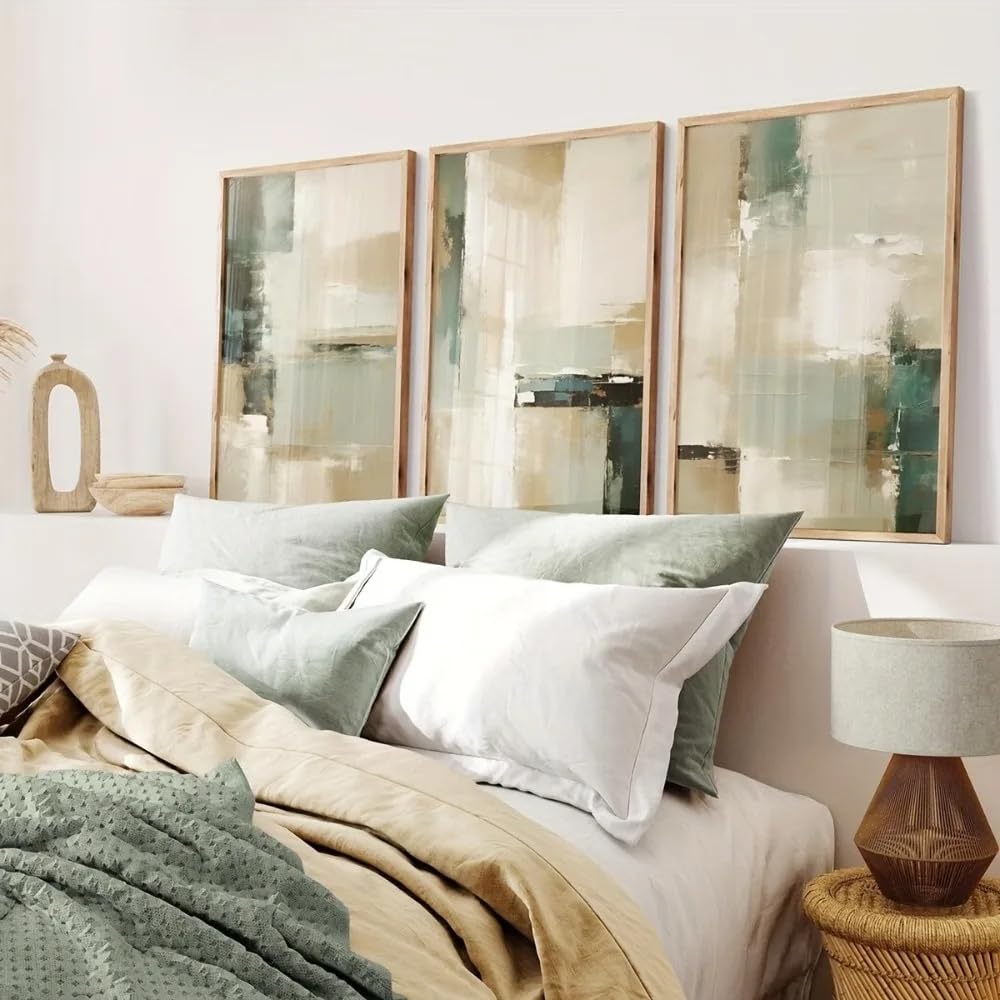 Abstract Canvas Prints Feature Sage Green And Beige Artwork, Simple Wall Art Neutral Tone Decoration(40x60cm-3Pcs)