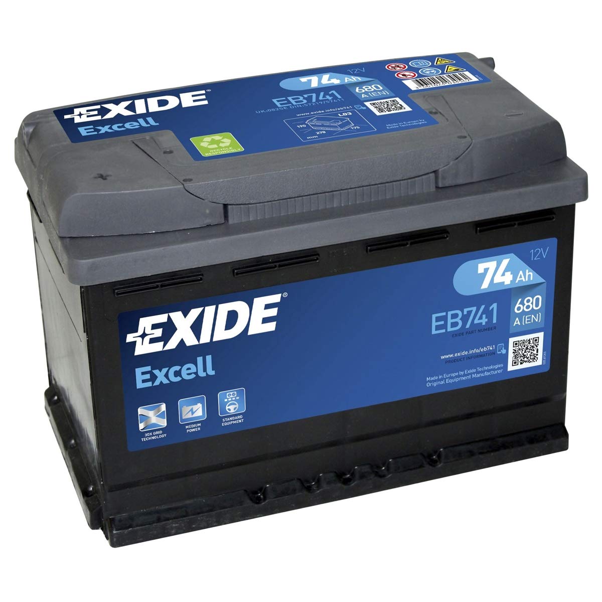 Car Battery EB741 Exide Excell 12V 74Ah 680CCA Type 086