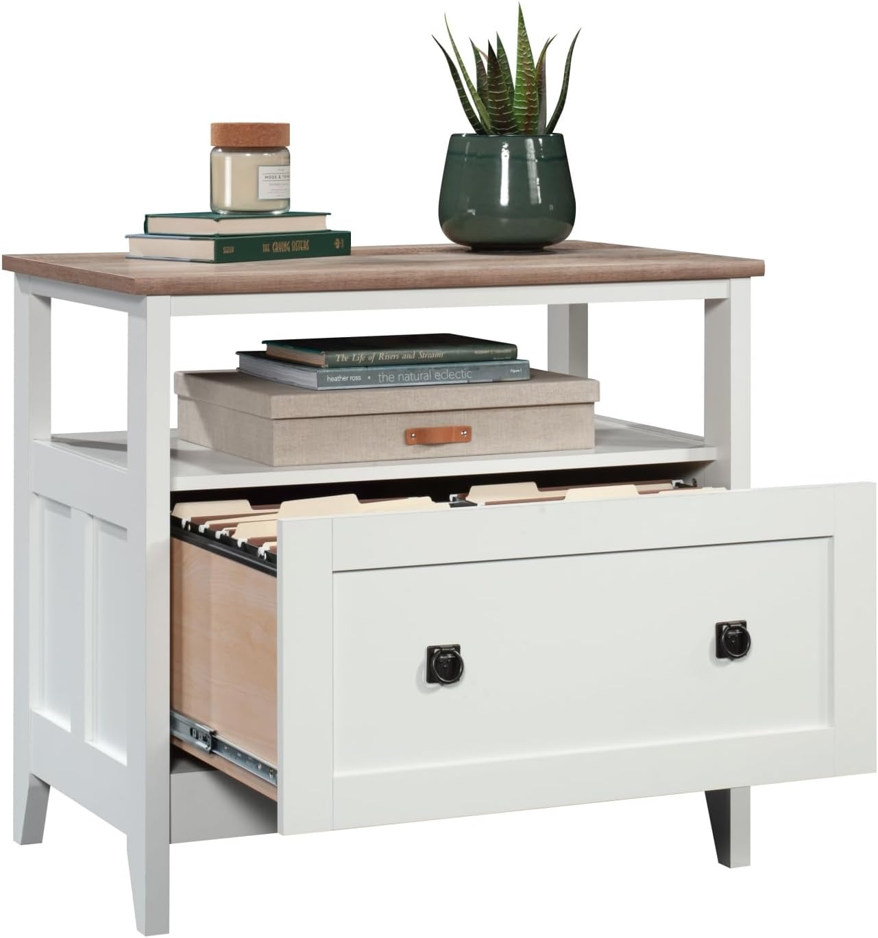 Lateral File with Large Drawer, White Finish