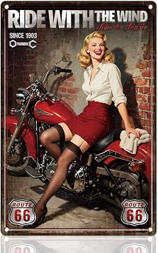 Motorcycle Pin Up Woman Tin Sign Retro Metal Wall Decor 8" x 12" Ride with The Wind Vintage Wall Art Poster for Garage Home Outdoor Cafe Room Bathroom Pub Bar Man Cave Decor Gift