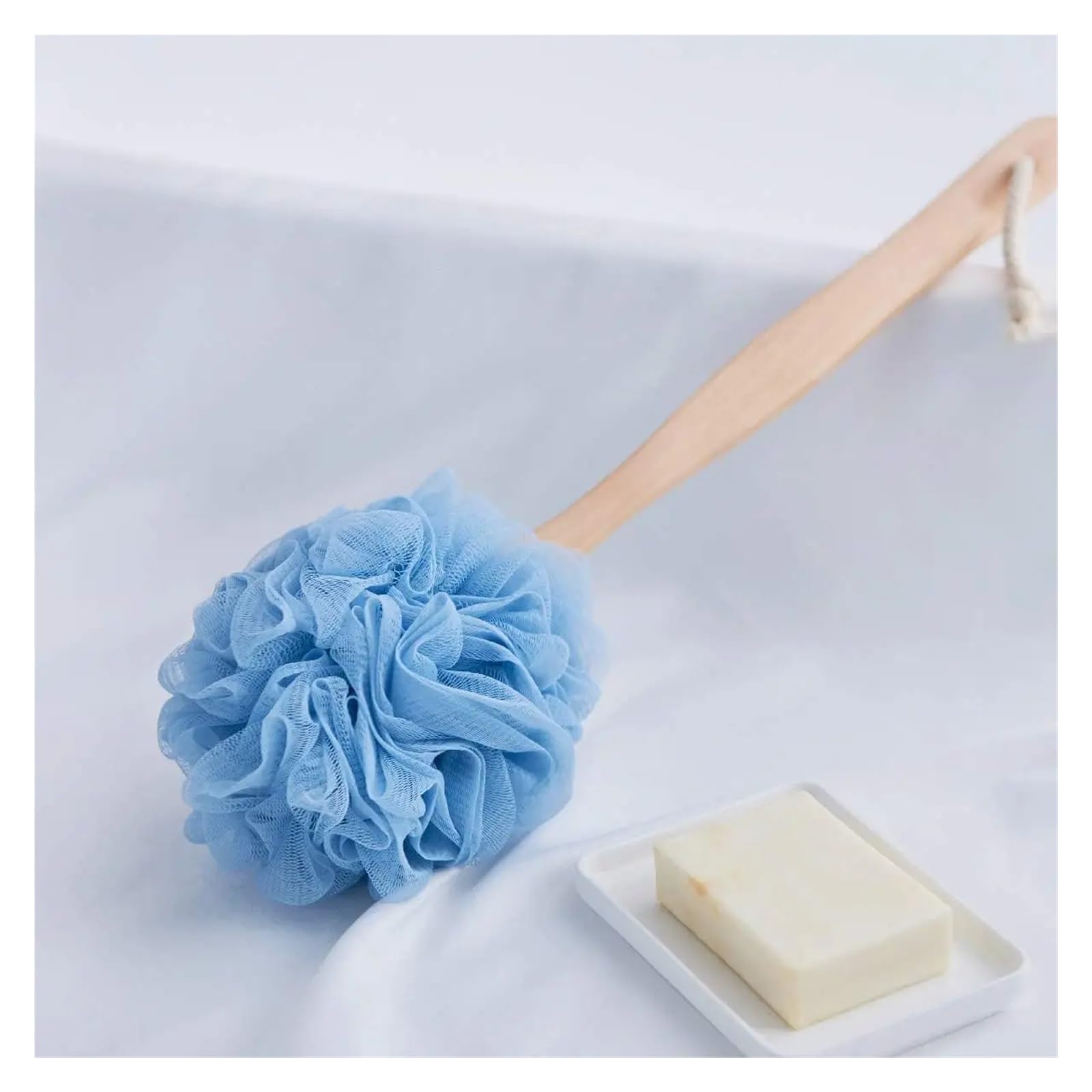Cepillo Espalda Ducha Depurador trasero de madera con mango largo y malla de nailon suave for hombres y mujeres, cepillo de ducha azul